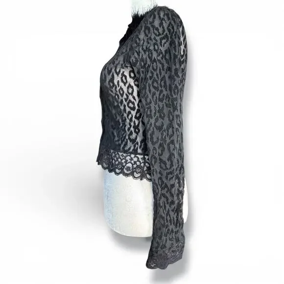 Vintage Ann Ferriday Leopard Print Lace Top Faux Fur Collar Sheer Black Gothic - Picture 3 of 10